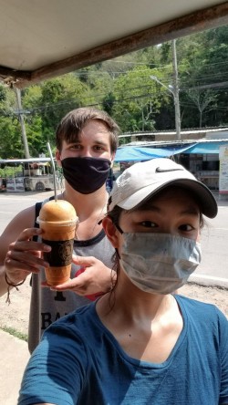 Lucy and Ethan with chai yen (Thai milk tea). In the spirit of being eco-warriors, they were required to drink it with a metal straw.