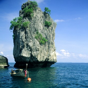 Boat on The Water In Front Of A Rocky Island - Thailand Gap Year | Pacific Discovery