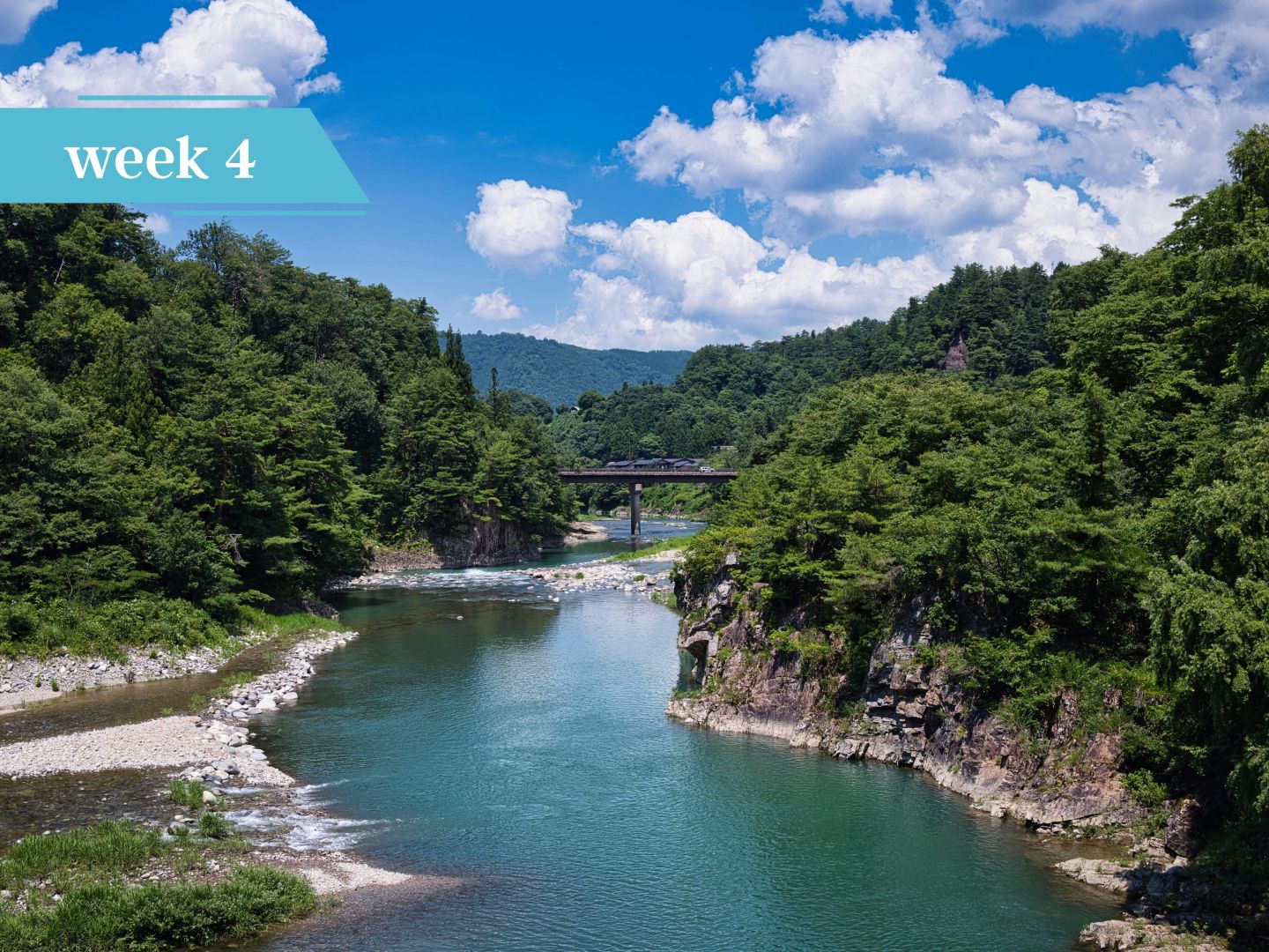 Clear river winding through forested hills under a blue sky