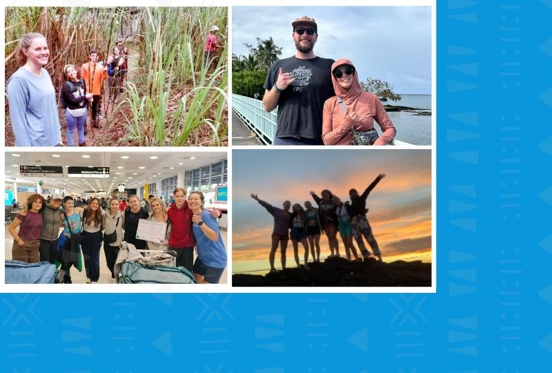 Students smiling while on different mini semester excursions and hikes